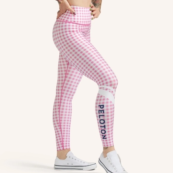 Peloton Leggings Pink White Gingham Check Pattern Plus Size 2X White Stripe - Picture 1 of 12